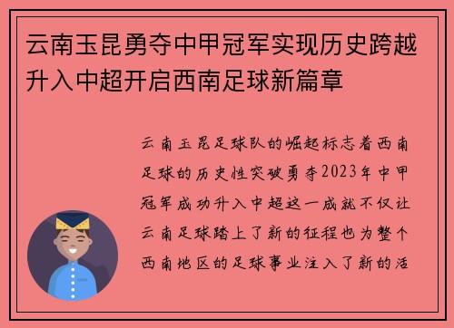 云南玉昆勇夺中甲冠军实现历史跨越升入中超开启西南足球新篇章