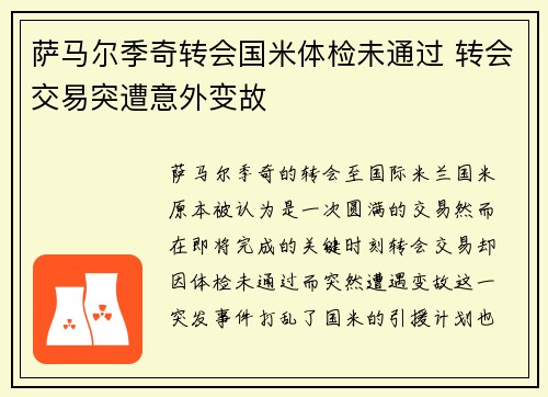 萨马尔季奇转会国米体检未通过 转会交易突遭意外变故